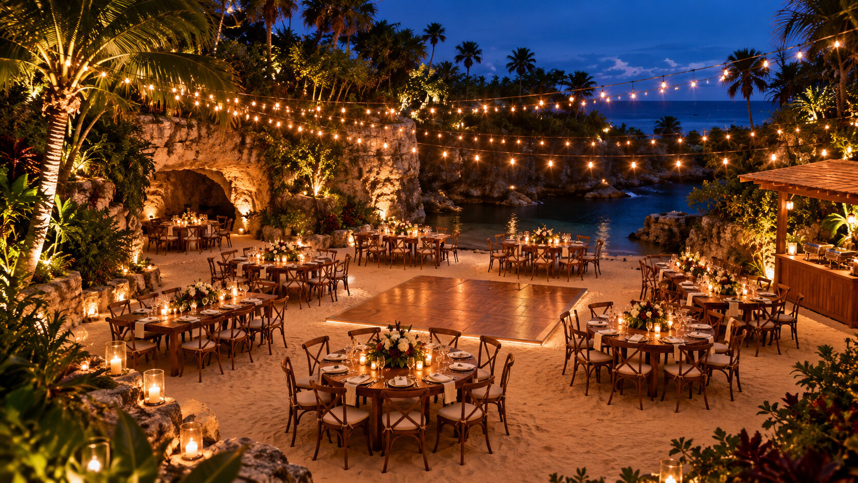 Candlelit welcome dinner setting at Caleta Fuego