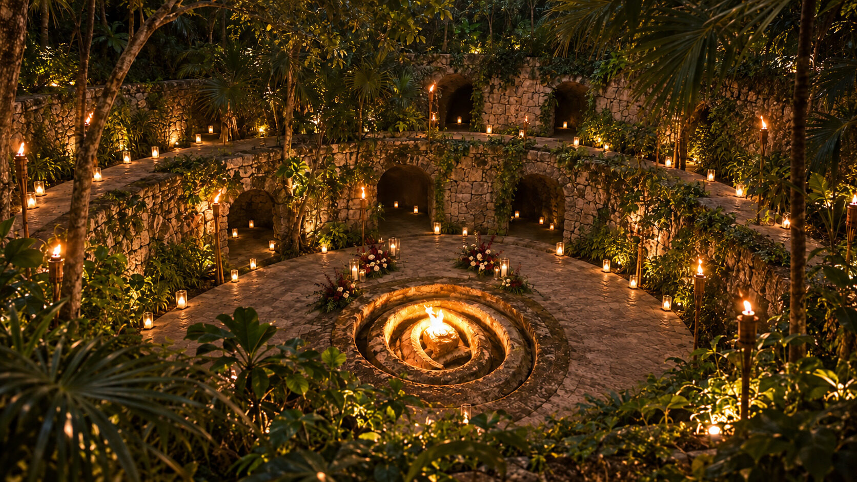 Illustrative El Caracol Mayan ceremony setting with candlelight
