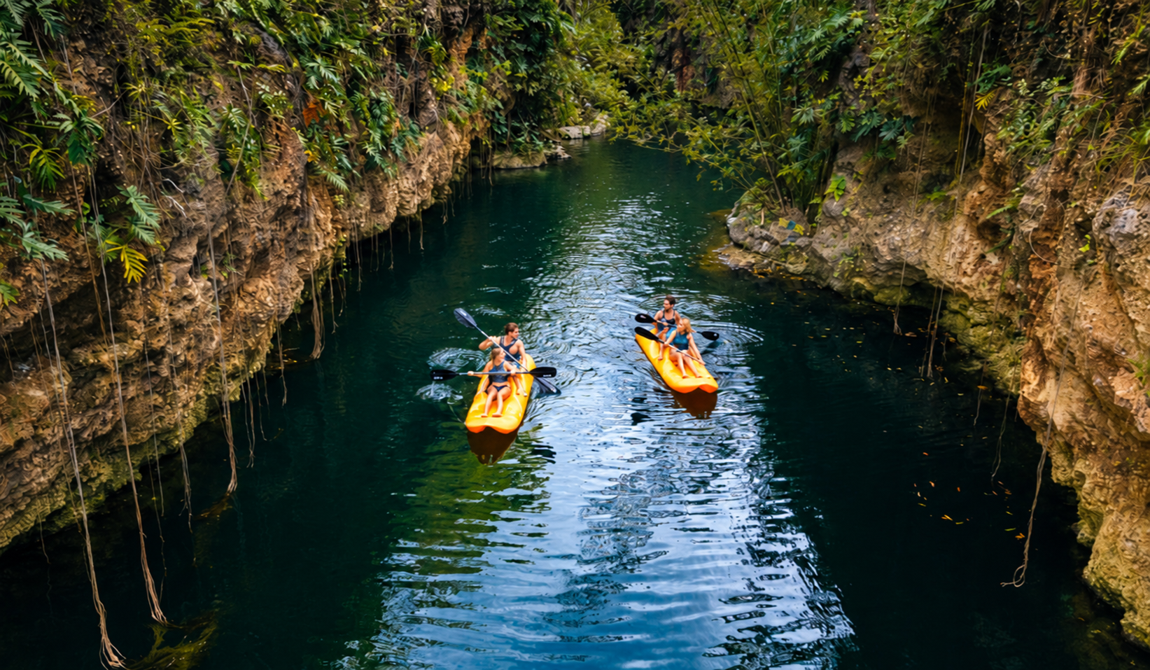 Kayaking between lush canyon walls at Xenotes